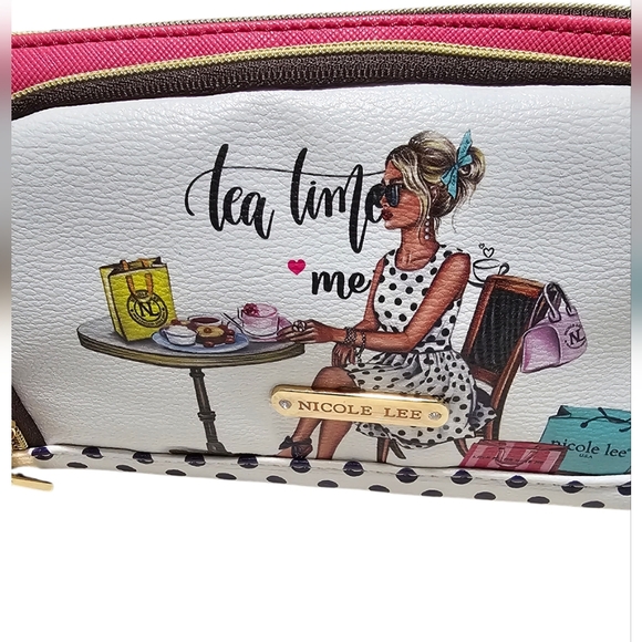 NICOLE LEE "Tea Time Me Time" Pink and Blue Cosmetic Bag w Handle - Picture 2 of 8